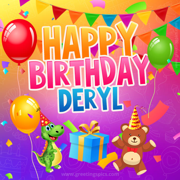 Happy Birthday Deryl Image for a child with cute baby dinosaur and bear (square shape image)