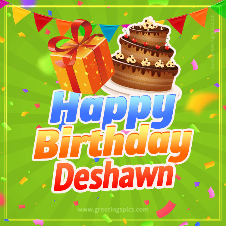 Happy Birthday Deshawn picture with flags, chocolate cake and gift box (square shape image)