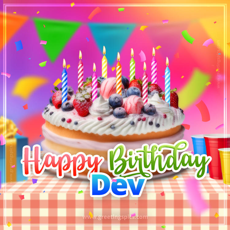 Happy Birthday Dev Colorful Image with fruit cake and candles (square shape image)