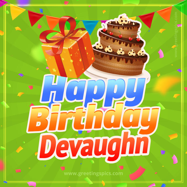 Happy Birthday Devaughn picture with flags, chocolate cake and gift box (square shape image)