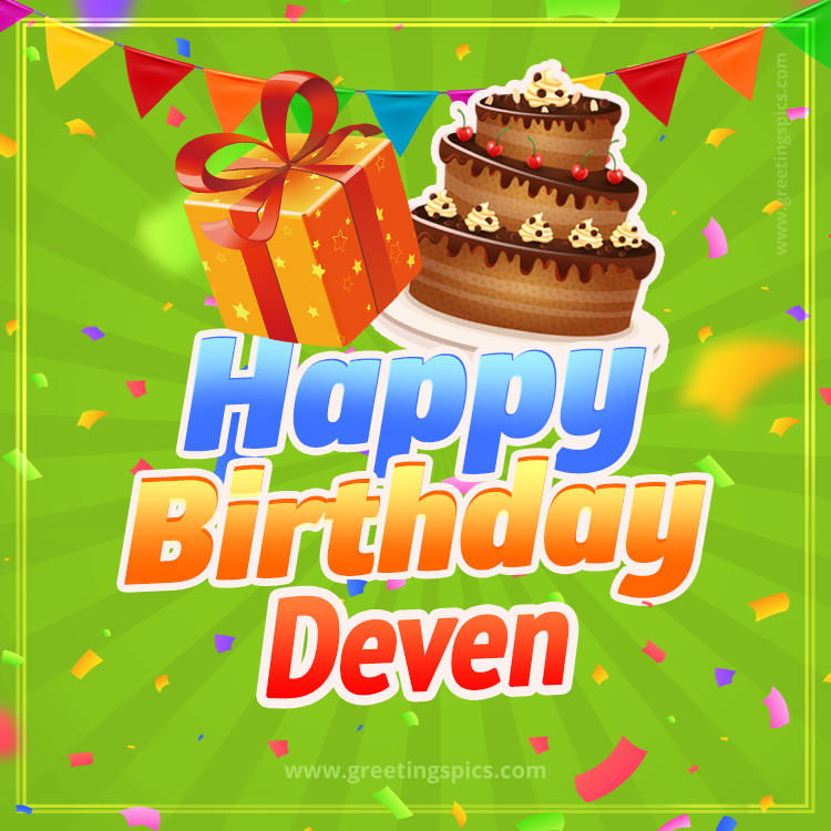 Happy Birthday Deven picture with flags, chocolate cake and gift box (square shape image)