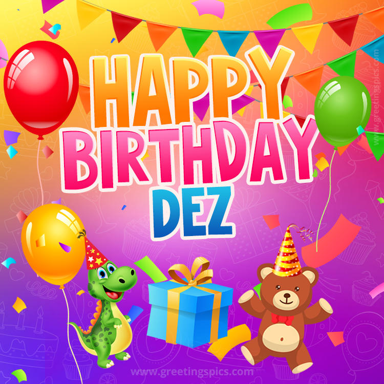 Happy Birthday Dez Image for a child with cute baby dinosaur and bear (square shape image)