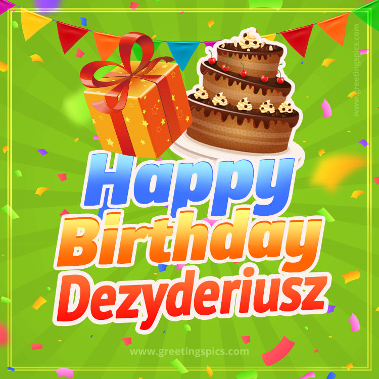 Happy Birthday Dezyderiusz picture with flags, chocolate cake and gift box (square shape image)