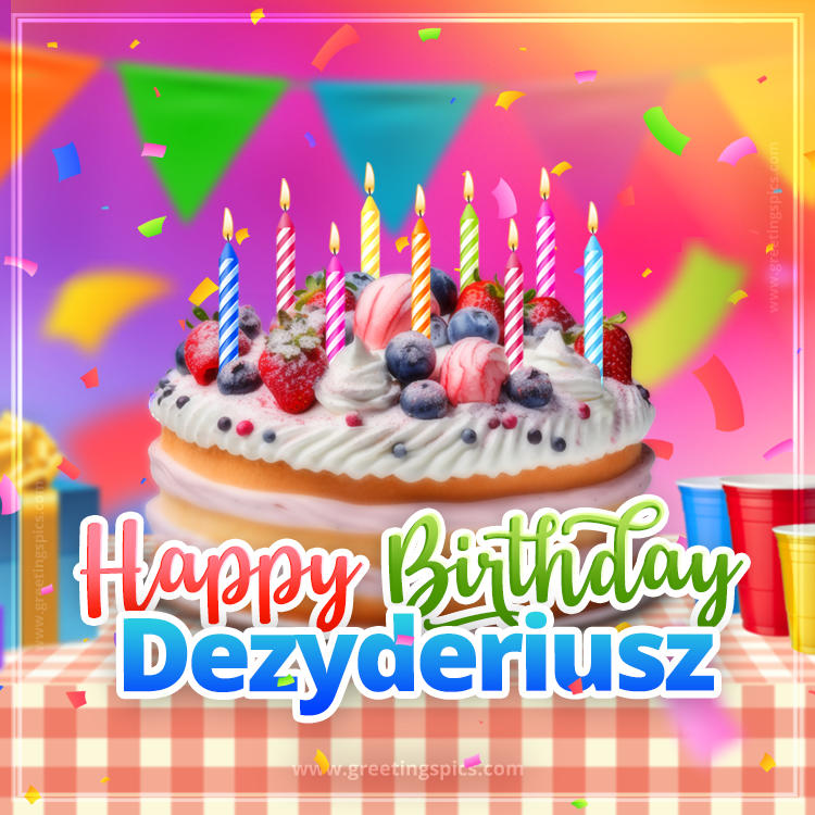 Happy Birthday Dezyderiusz Colorful Image with fruit cake and candles (square shape image)