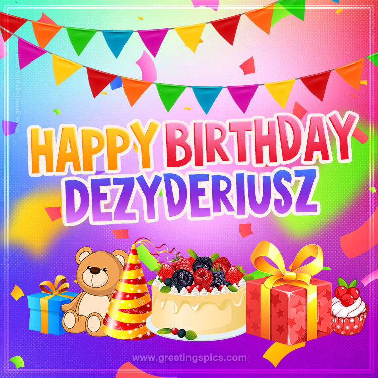 Bright card with Wishes for a Happy Birthday for Dezyderiusz (square shape image)