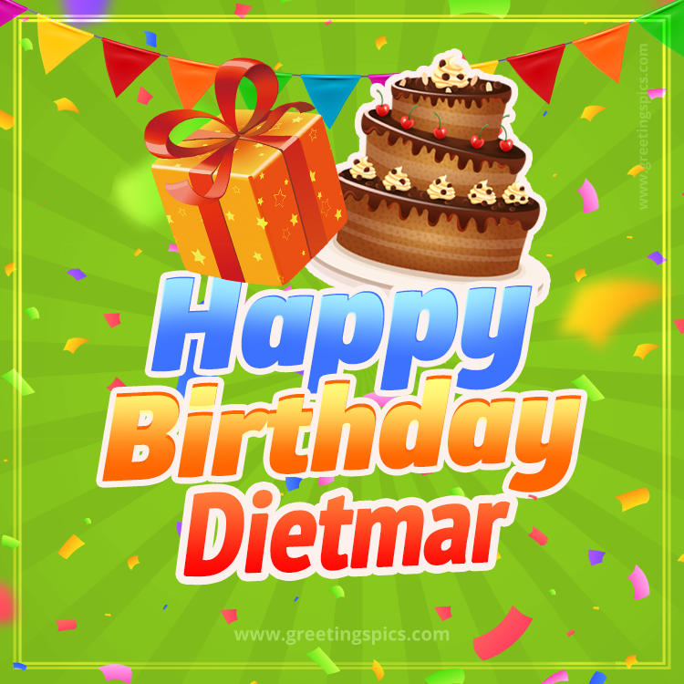 Happy Birthday Dietmar picture with flags, chocolate cake and gift box (square shape image)