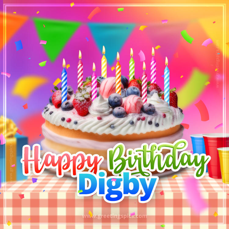 Happy Birthday Digby Colorful Image with fruit cake and candles (square shape image)