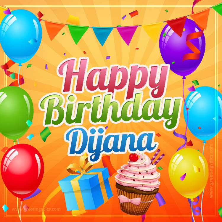 Happy Birthday Dijana eCard with gift box and cupcake (square shape image)