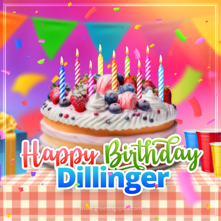 Happy Birthday Dillinger Colorful Image with fruit cake and candles (square shape image)