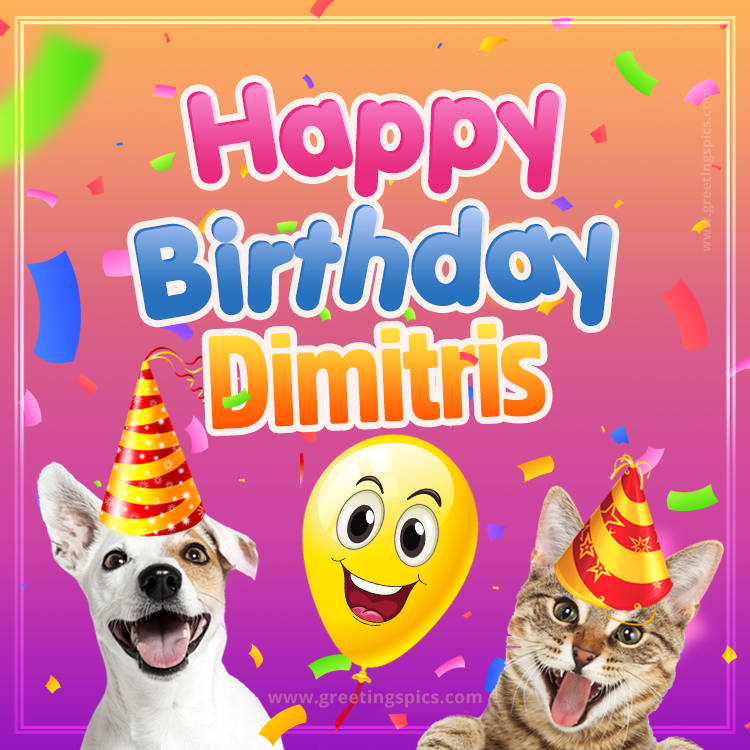 Happy Birthday Dimitris Funny Image with cat and dog (square shape image)