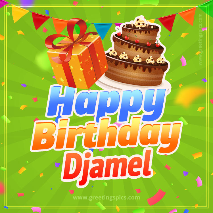 Happy Birthday Djamel picture with flags, chocolate cake and gift box (square shape image)