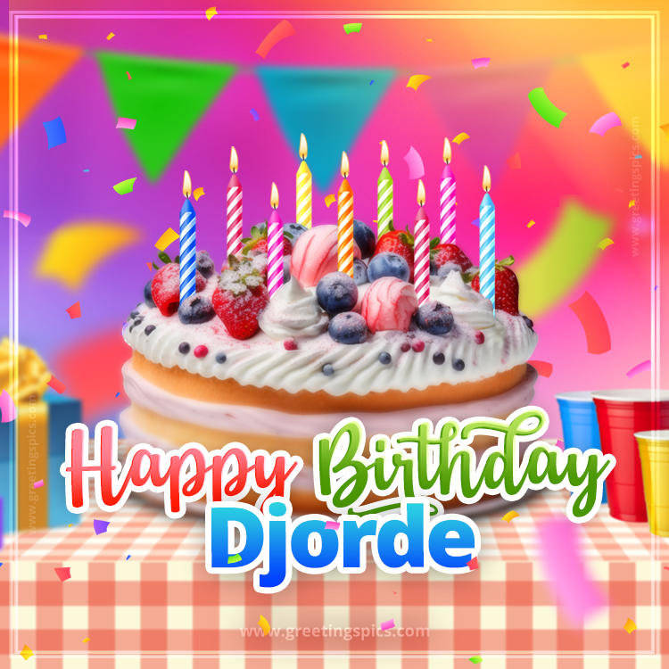 Happy Birthday Djorde Colorful Image with fruit cake and candles (square shape image)