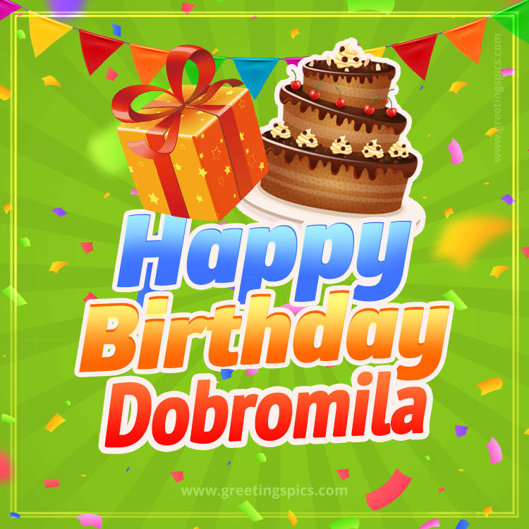 Happy Birthday Dobromila picture with flags, chocolate cake and gift box (square shape image)