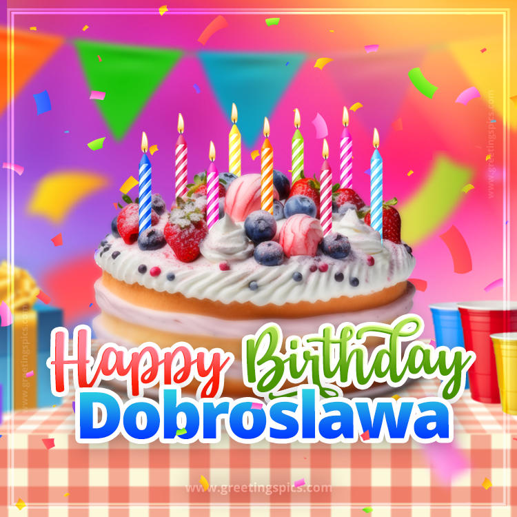 Happy Birthday Dobroslawa Colorful Image with fruit cake and candles (square shape image)