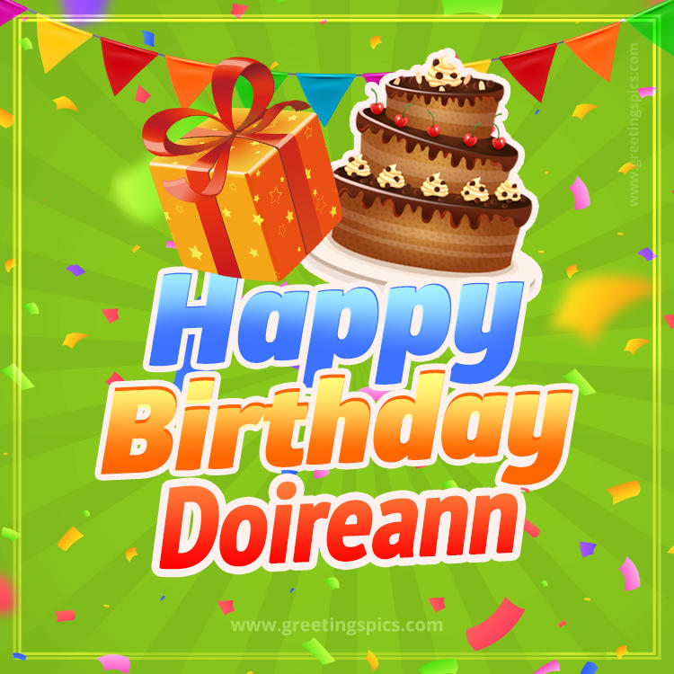 Happy Birthday Doireann picture with flags, chocolate cake and gift box (square shape image)