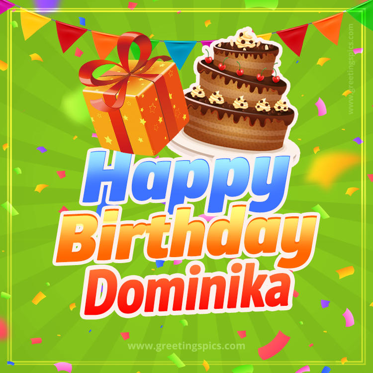 Happy Birthday Dominika picture with flags, chocolate cake and gift box (square shape image)