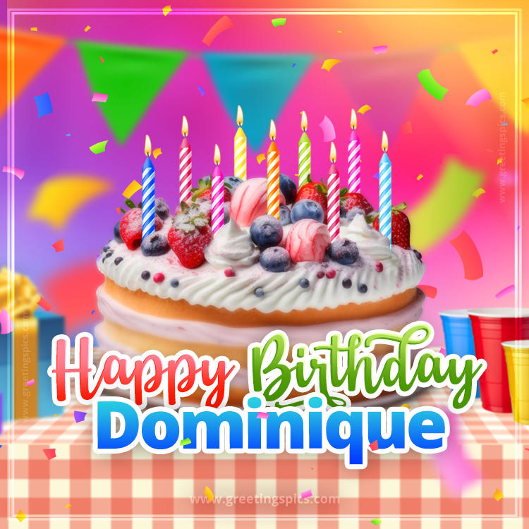 Happy Birthday Dominique Colorful Image with fruit cake and candles (square shape image)