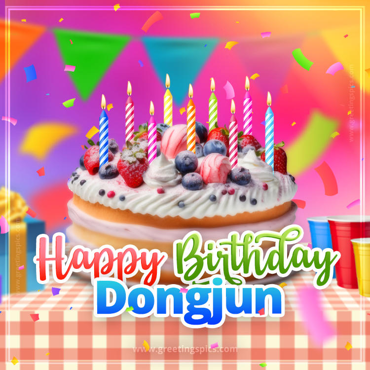 Happy Birthday Dongjun Colorful Image with fruit cake and candles (square shape image)