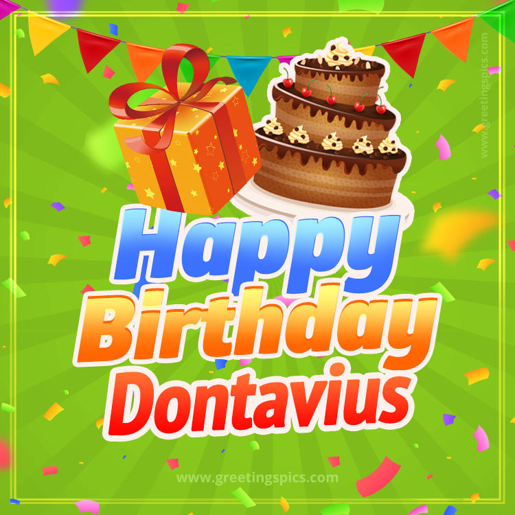 Happy Birthday Dontavius picture with flags, chocolate cake and gift box (square shape image)