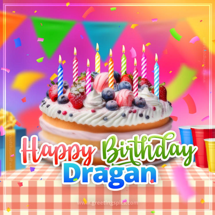 Happy Birthday Dragan Colorful Image with fruit cake and candles (square shape image)