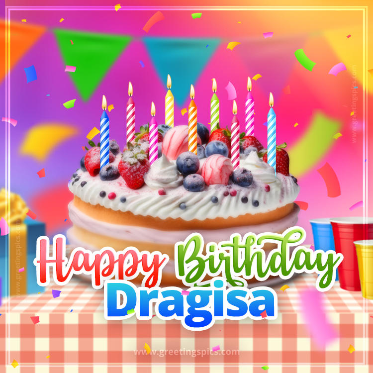 Happy Birthday Dragisa Colorful Image with fruit cake and candles (square shape image)