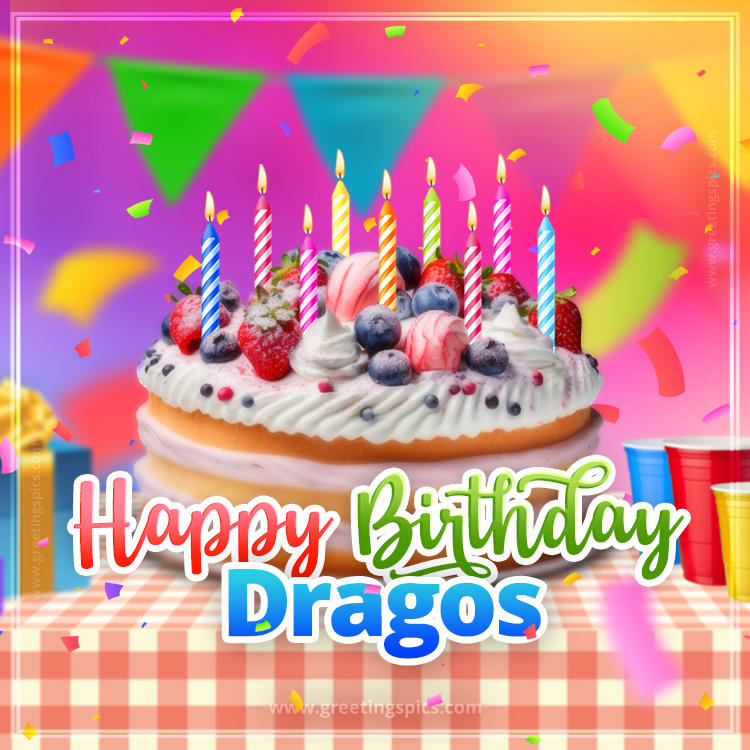 Happy Birthday Dragos Colorful Image with fruit cake and candles (square shape image)