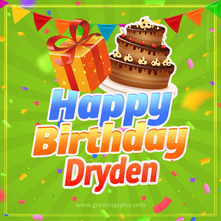 Happy Birthday Dryden picture with flags, chocolate cake and gift box (square shape image)