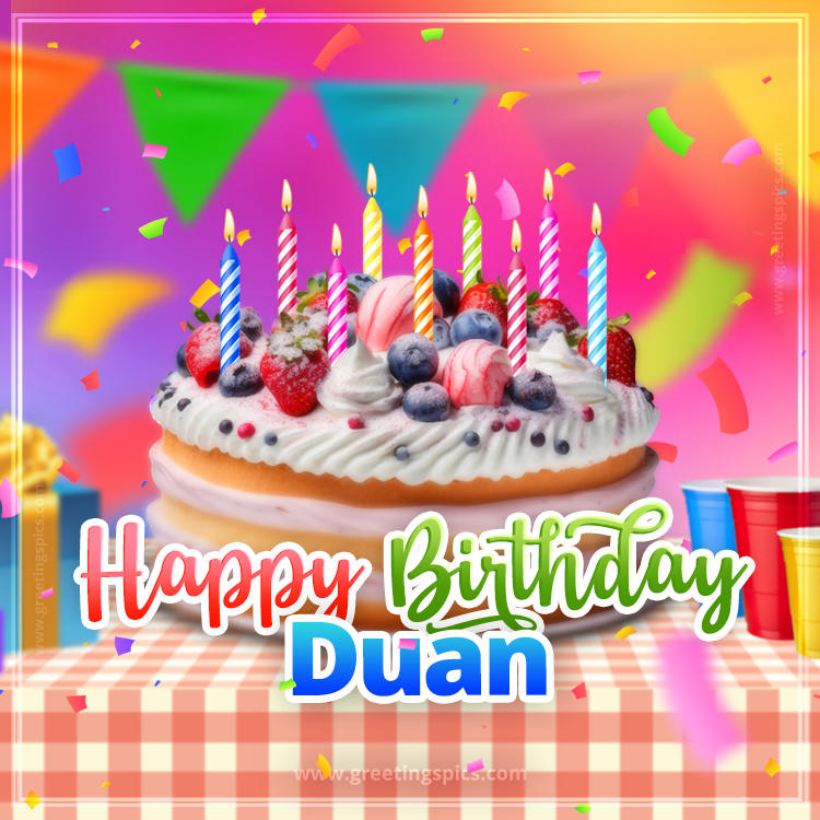 Happy Birthday Duan Colorful Image with fruit cake and candles (square shape image)