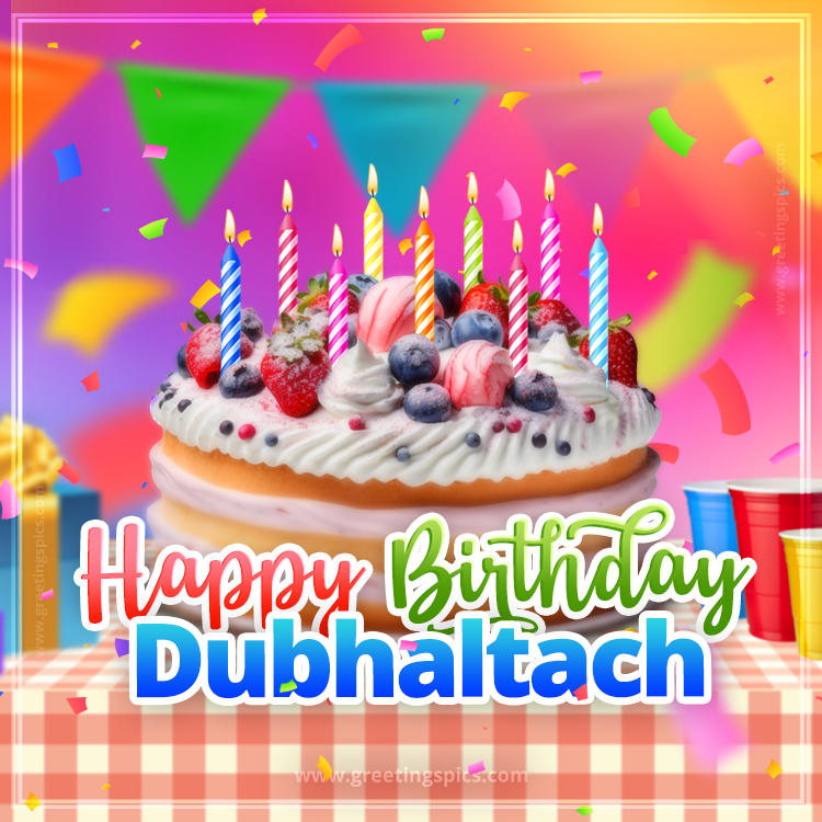 Happy Birthday Dubhaltach Colorful Image with fruit cake and candles (square shape image)