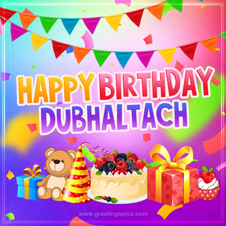 Bright card with Wishes for a Happy Birthday for Dubhaltach (square shape image)