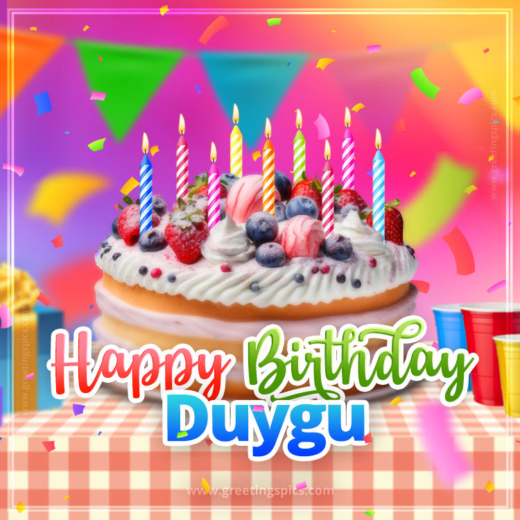 Happy Birthday Duygu Colorful Image with fruit cake and candles (square shape image)