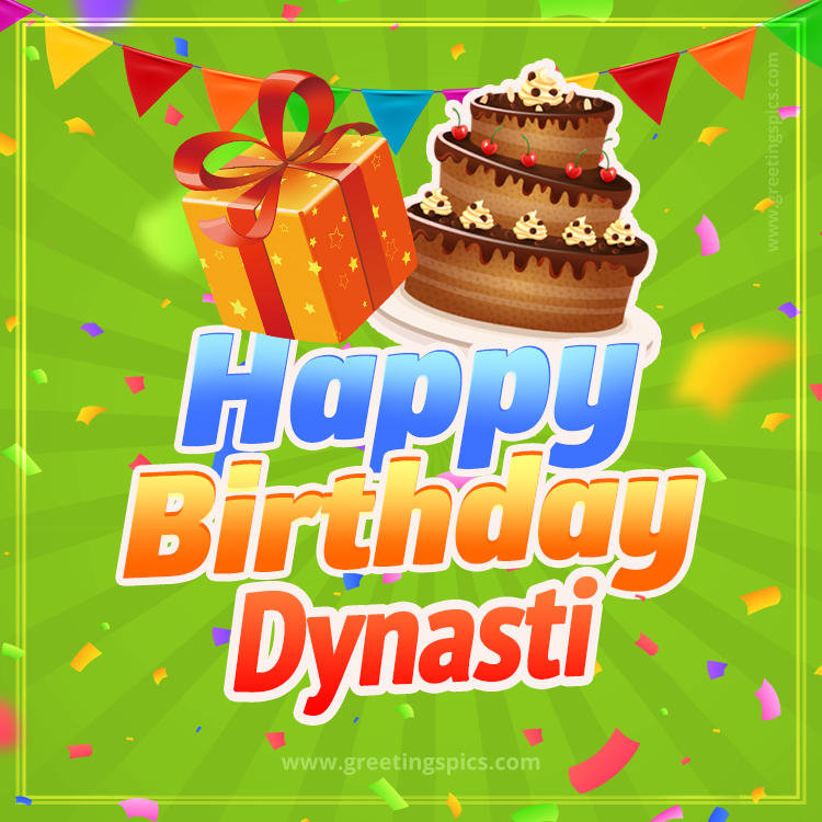 Happy Birthday Dynasti picture with flags, chocolate cake and gift box (square shape image)