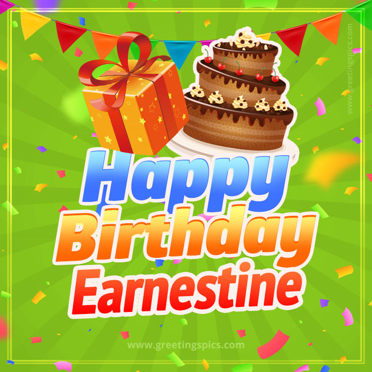 Happy Birthday Earnestine picture with flags, chocolate cake and gift box (square shape image)