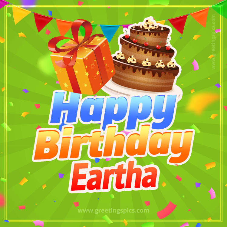 Happy Birthday Eartha picture with flags, chocolate cake and gift box (square shape image)