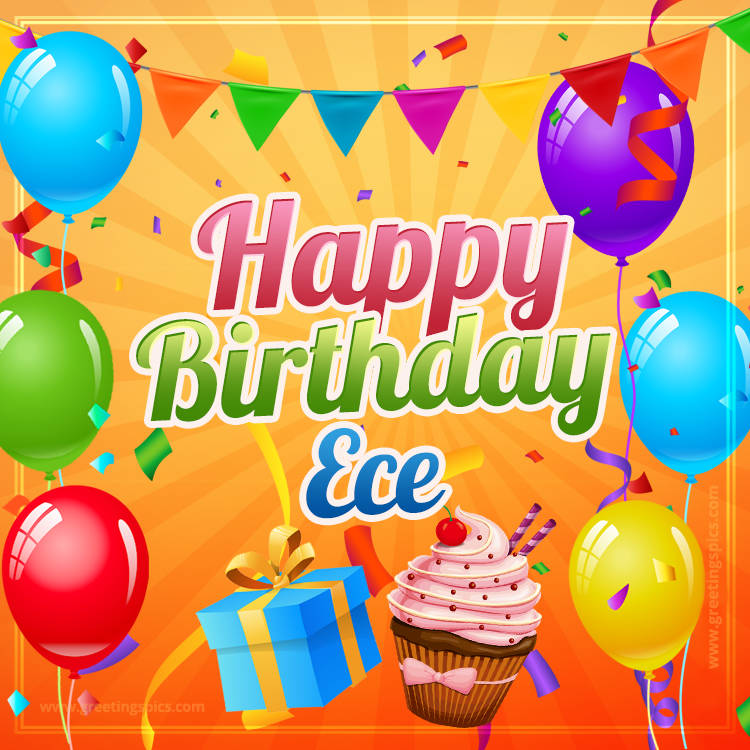 Happy Birthday Ece eCard with gift box and cupcake (square shape image)