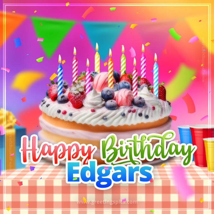 Happy Birthday Edgars Colorful Image with fruit cake and candles (square shape image)