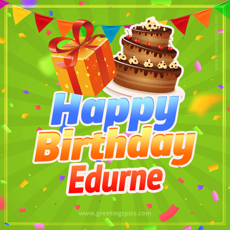 Happy Birthday Edurne picture with flags, chocolate cake and gift box (square shape image)