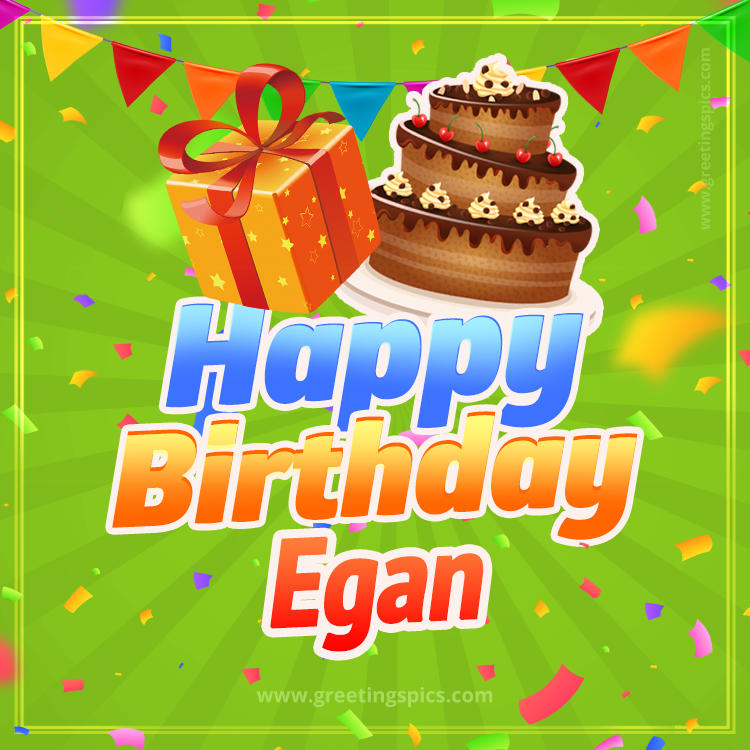 Happy Birthday Egan picture with flags, chocolate cake and gift box (square shape image)