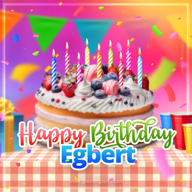 Happy Birthday Egbert Colorful Image with fruit cake and candles (square shape image)