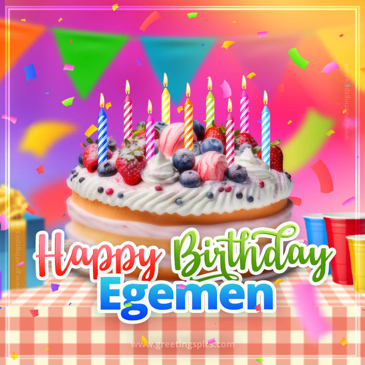 Happy Birthday Egemen Colorful Image with fruit cake and candles (square shape image)