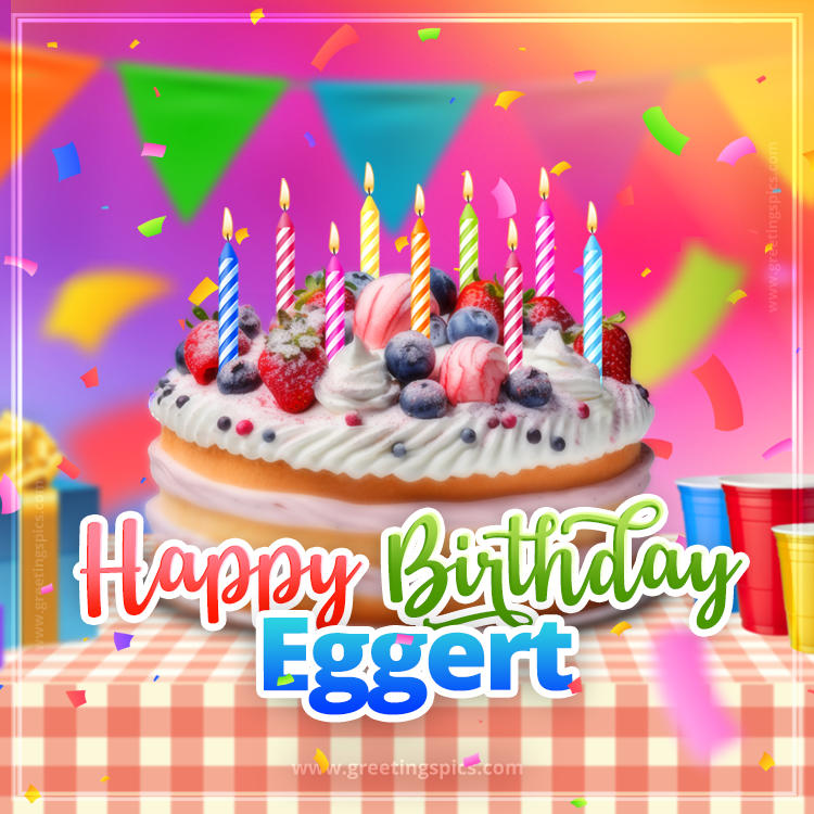 Happy Birthday Eggert Colorful Image with fruit cake and candles (square shape image)