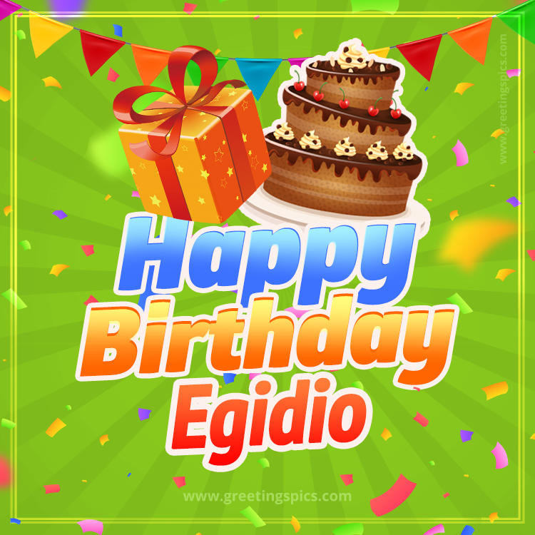 Happy Birthday Egidio picture with flags, chocolate cake and gift box (square shape image)