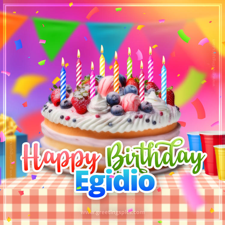 Happy Birthday Egidio Colorful Image with fruit cake and candles (square shape image)