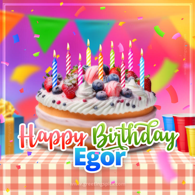 Happy Birthday Egor Colorful Image with fruit cake and candles (square shape image)