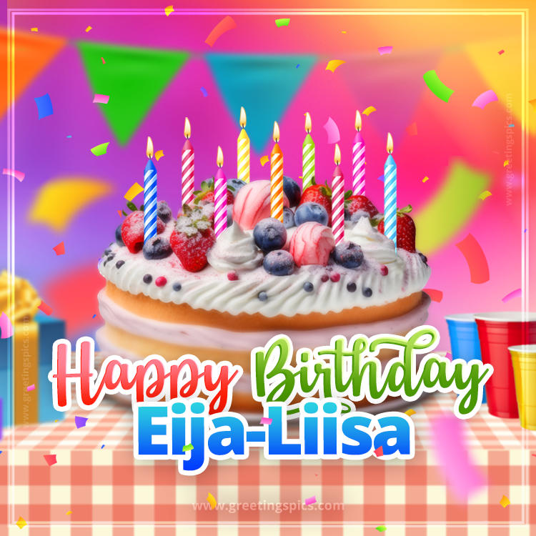 Happy Birthday Eija-Liisa Colorful Image with fruit cake and candles (square shape image)