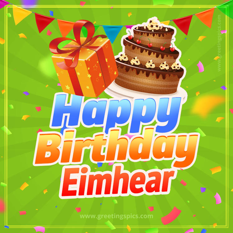 Happy Birthday Eimhear picture with flags, chocolate cake and gift box (square shape image)