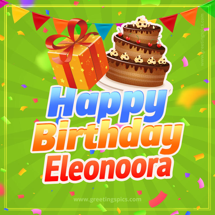 Happy Birthday Eleonoora picture with flags, chocolate cake and gift box (square shape image)