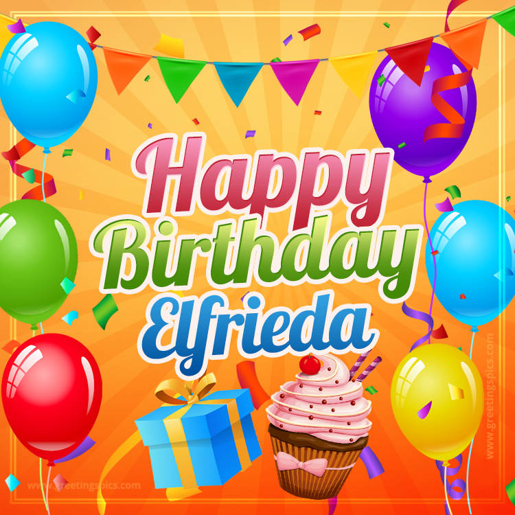 Happy Birthday Elfrieda eCard with gift box and cupcake (square shape image)