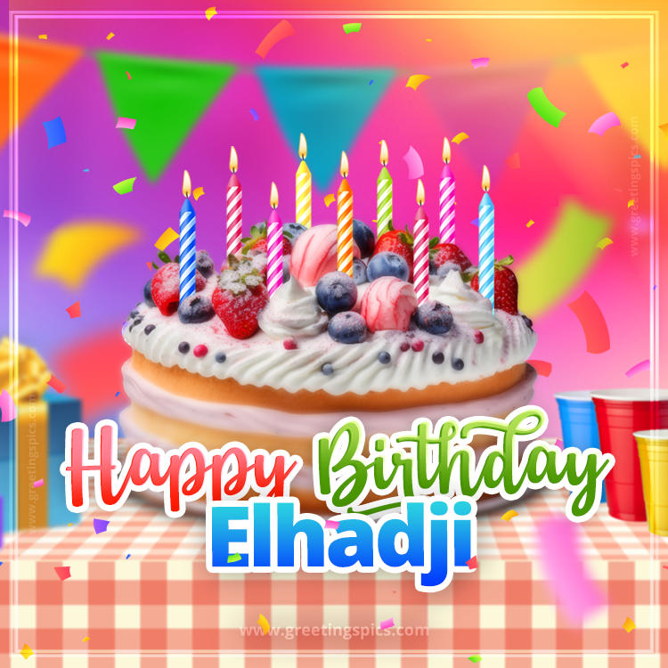 Happy Birthday Elhadji Colorful Image with fruit cake and candles (square shape image)