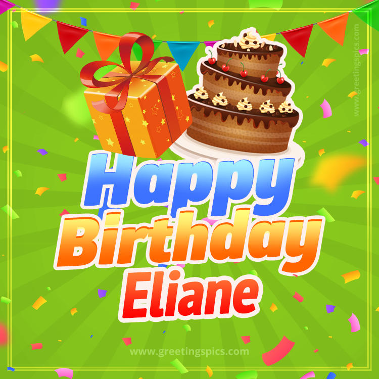 Happy Birthday Eliane picture with flags, chocolate cake and gift box (square shape image)